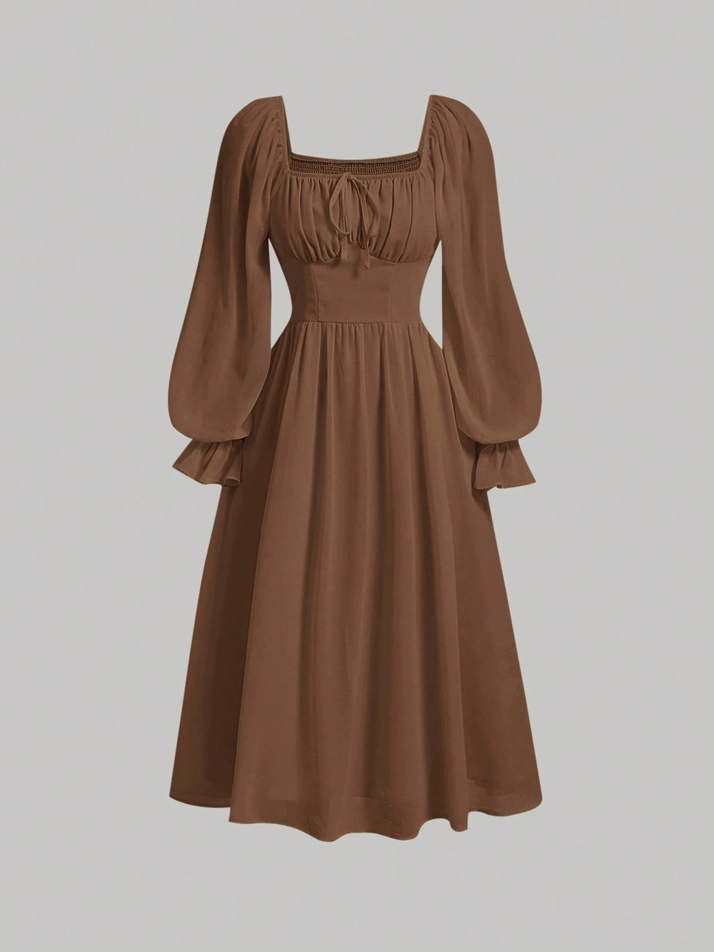 ZARA Fashion Sexy Square Neck Long Sleeve Pleated Waist Dress